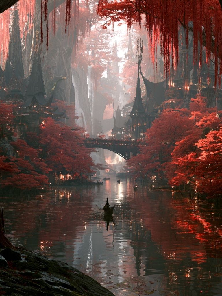 Mystic Red Forest — Fantasy Print. poster — illustration art