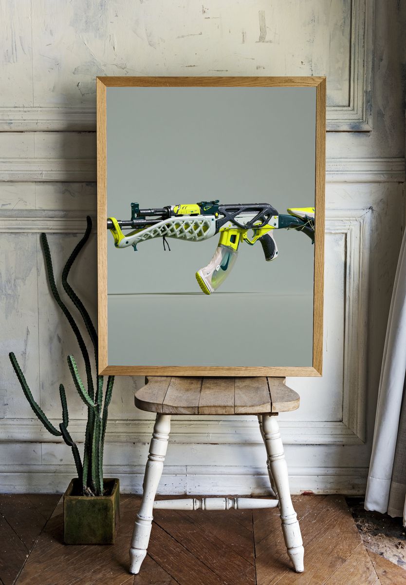 Futuristic Sneaker Rifle Illustration Print. room preview