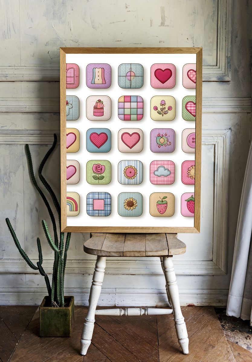 Pastel Patchwork Icons Illustration Print. — room view 1