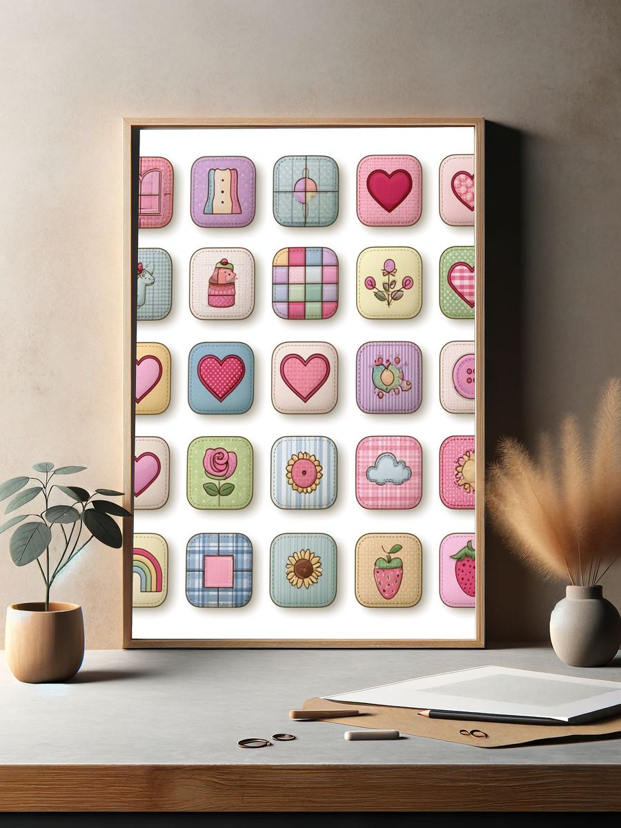 Pastel Patchwork Icons Illustration Print. — room view 2