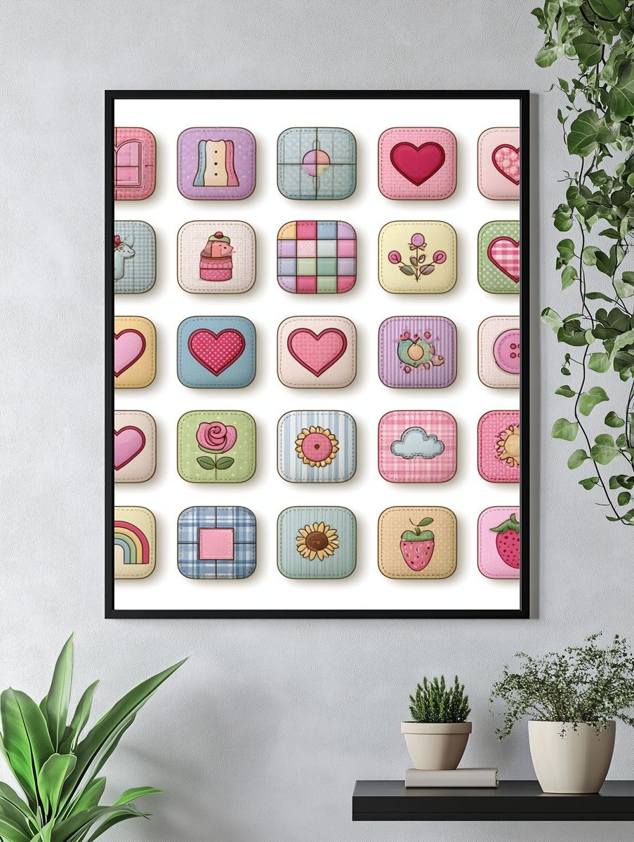 Pastel Patchwork Icons Illustration Print. — room view 4