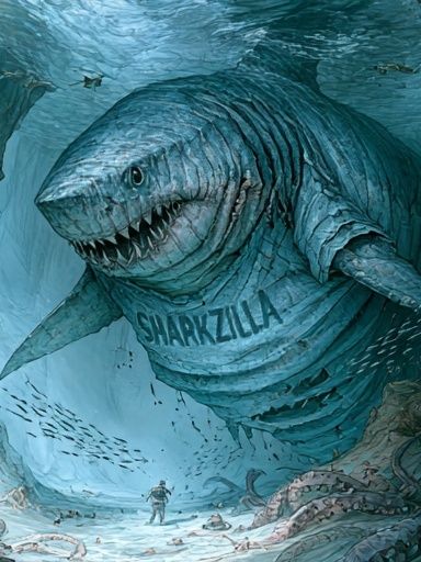 Sharkzilla Underwater Illustration Poster. poster detail