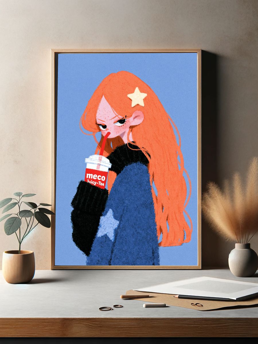 Orange-Haired Girl Illustration Print. — room view 2