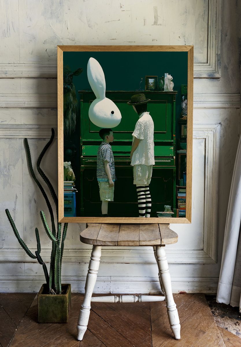 Surreal Rabbit and Child Print. room preview