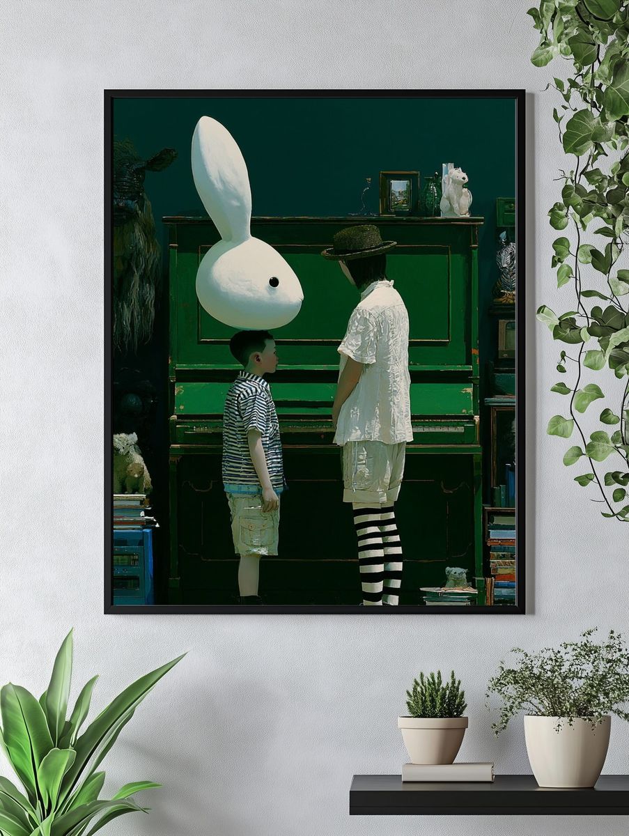 Surreal Rabbit and Child Print. — room view 4