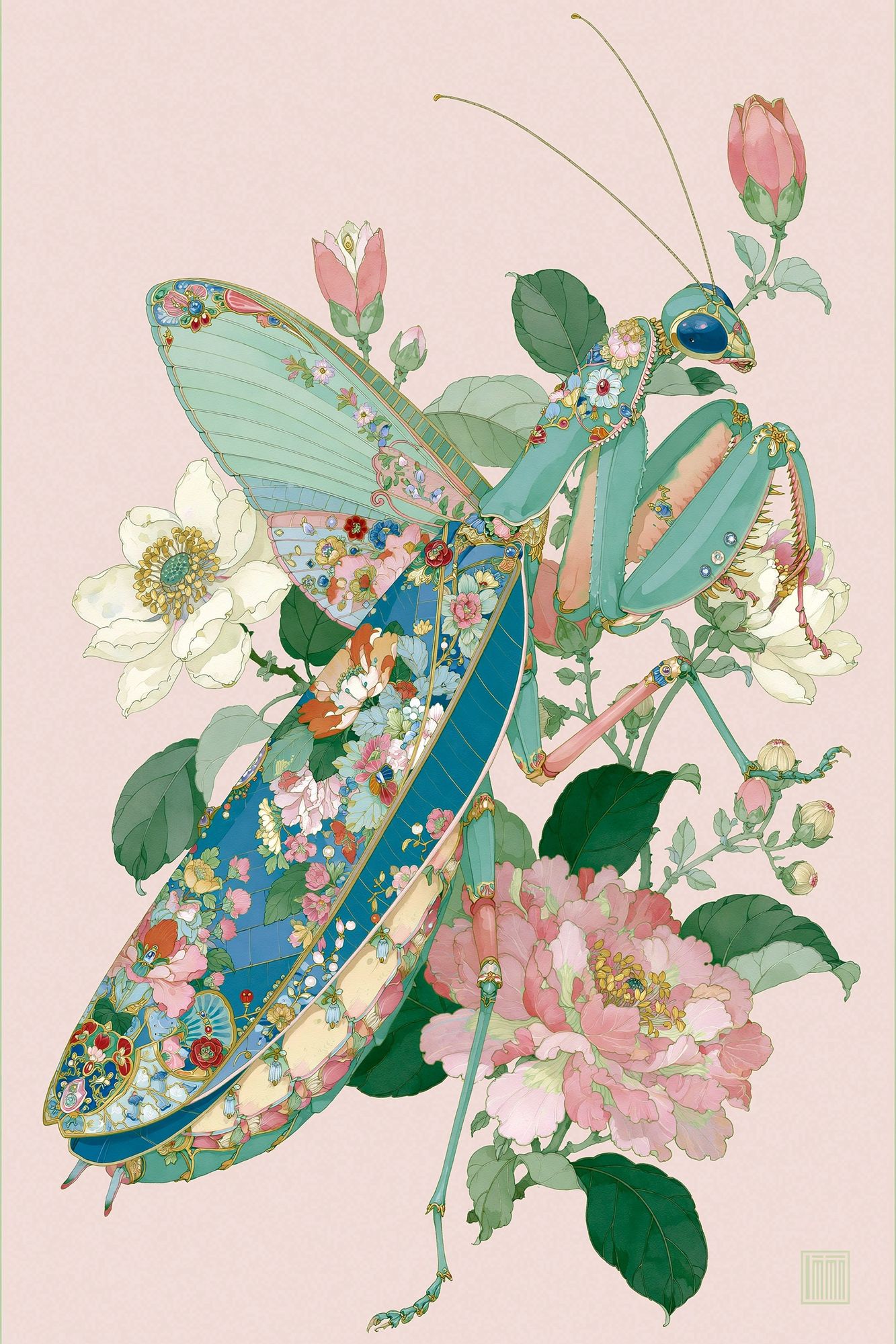 Floral Praying Mantis Illustration Poster. poster — illustration art