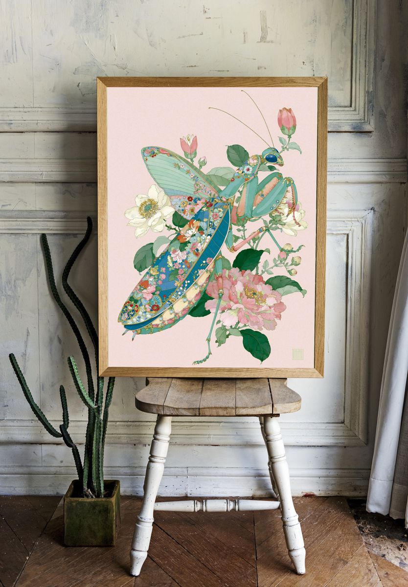 Floral Praying Mantis Illustration Poster. room preview