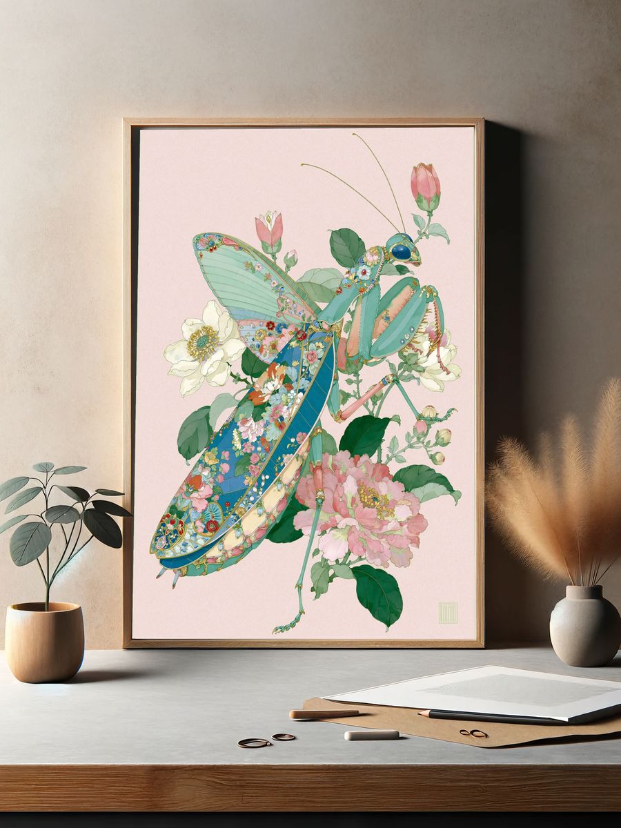 Floral Praying Mantis Illustration Poster. — room view 2