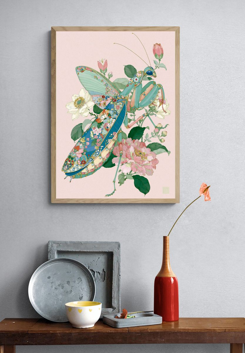 Floral Praying Mantis Illustration Poster. — room view 3