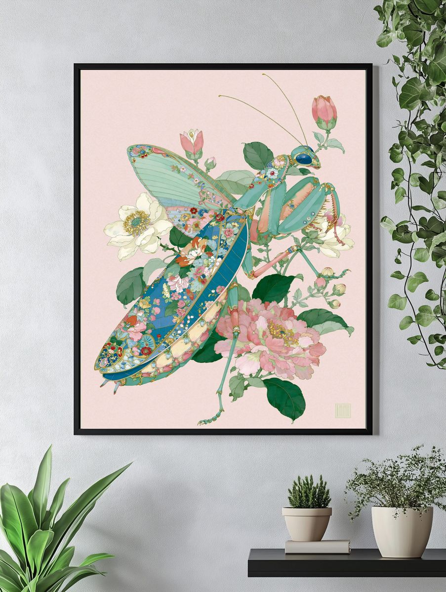 Floral Praying Mantis Illustration Poster. — room view 4