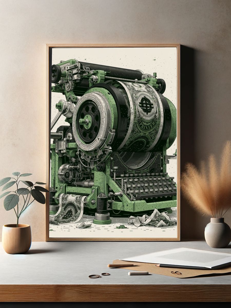 Vintage Printing Press Illustration Poster. — room view 2
