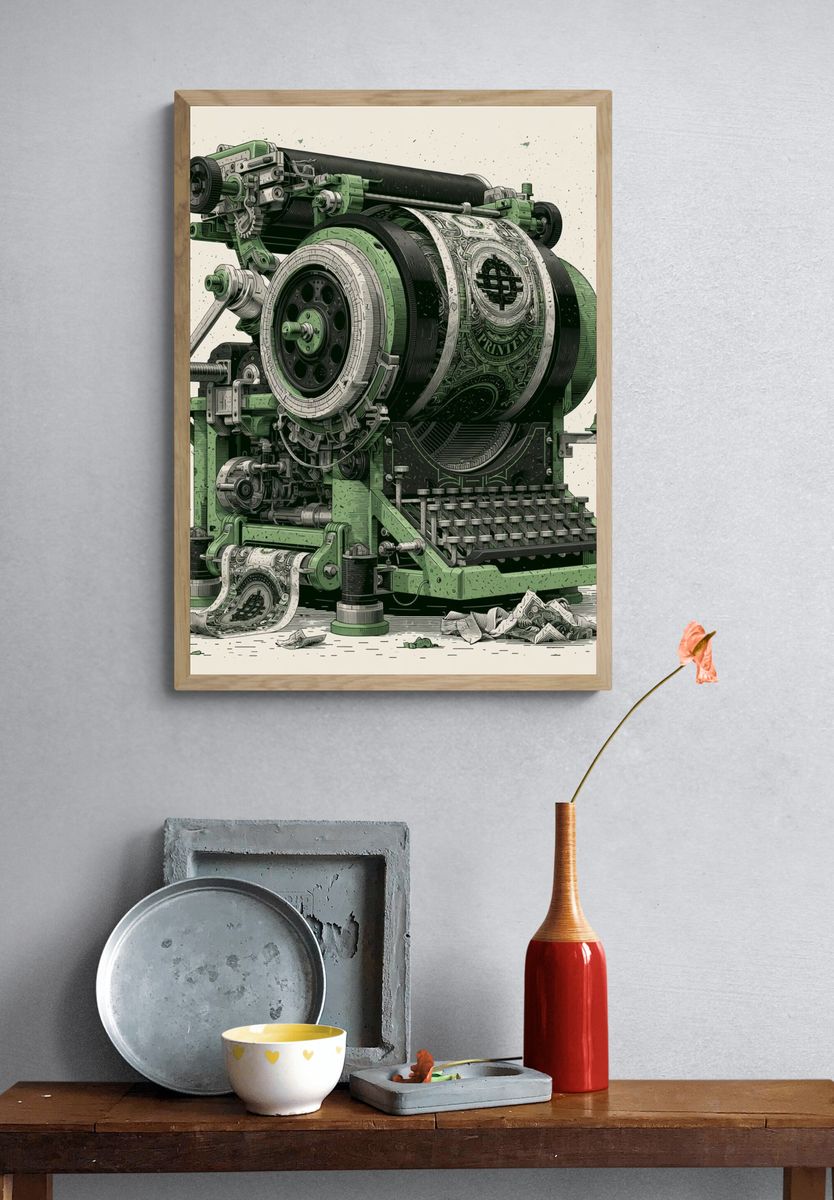 Vintage Printing Press Illustration Poster. — room view 3