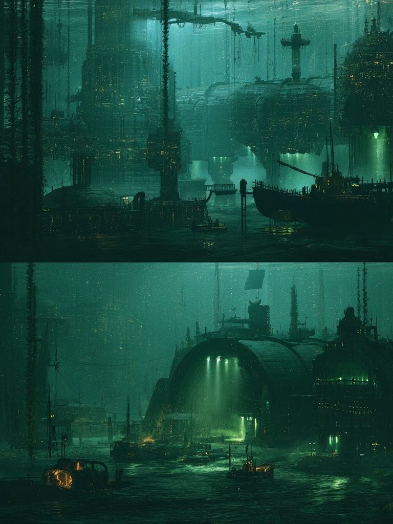 Submerged Neon Cityscape Print. poster — illustration art