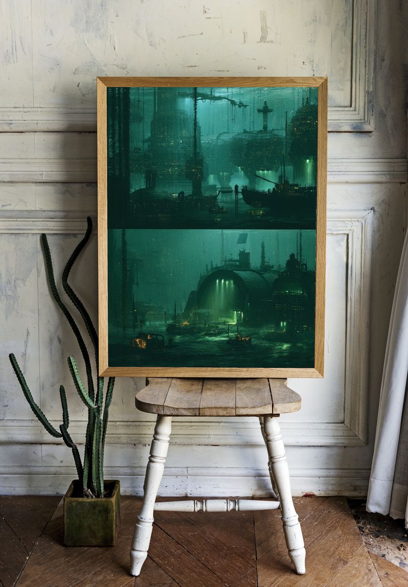 Submerged Neon Cityscape Print. room preview
