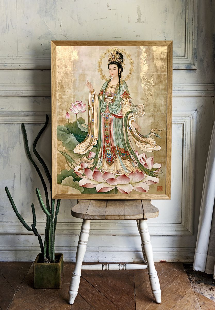 Guanyin Lotus Blossom Illustration Poster. room preview