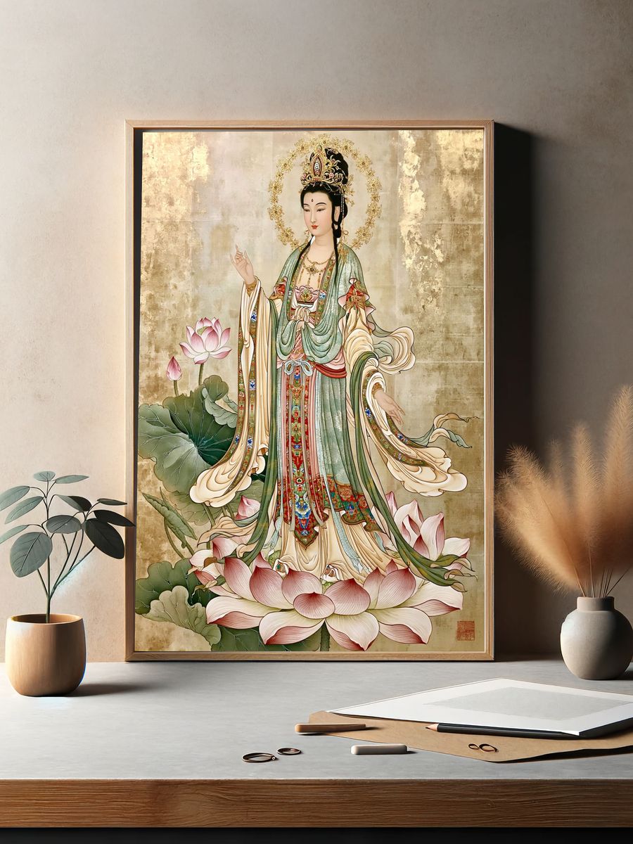 Guanyin Lotus Blossom Illustration Poster. — room view 2