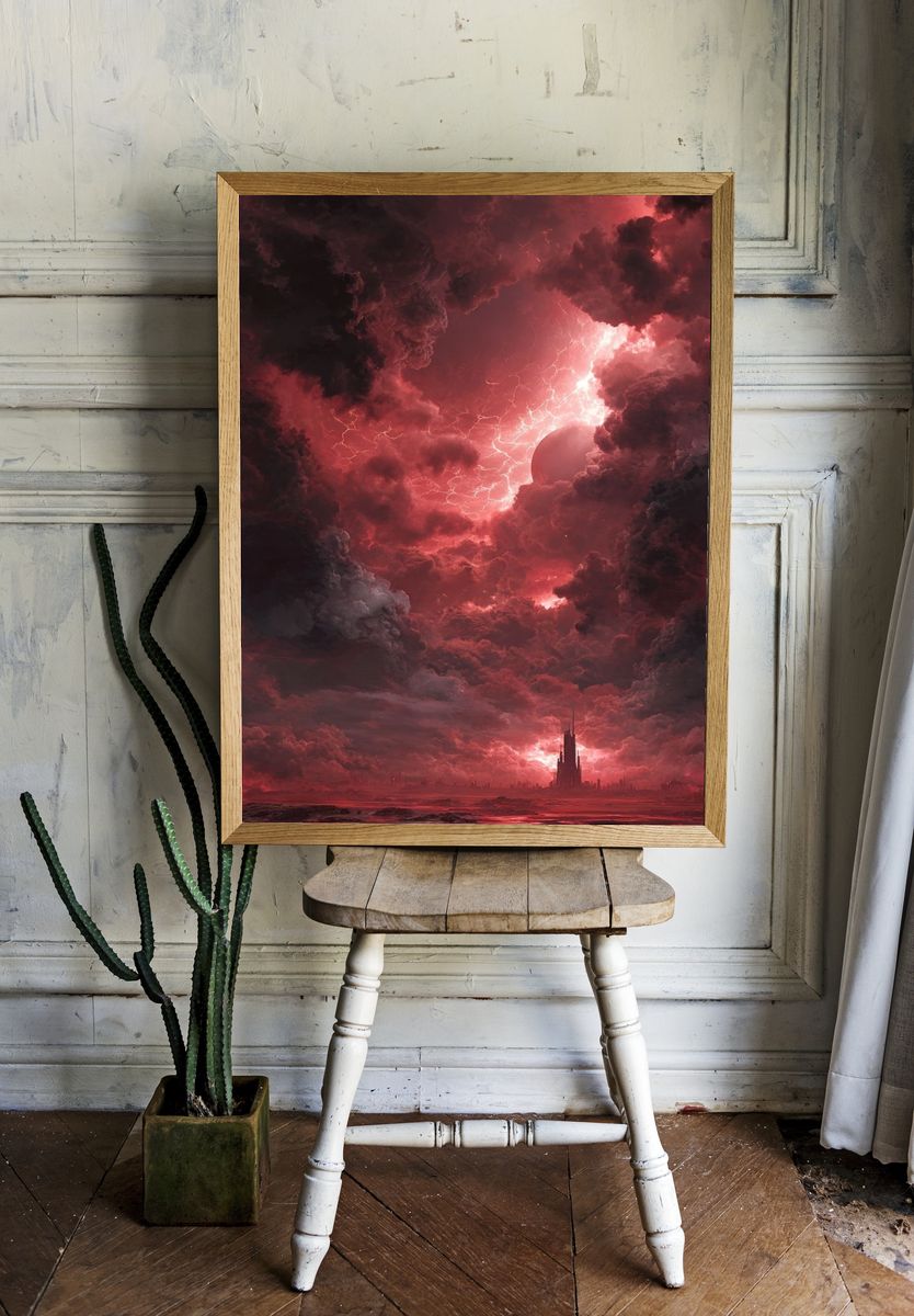 Crimson Storm Cityscape Poster. room preview
