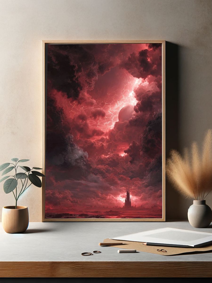 Crimson Storm Cityscape Poster. — room view 2