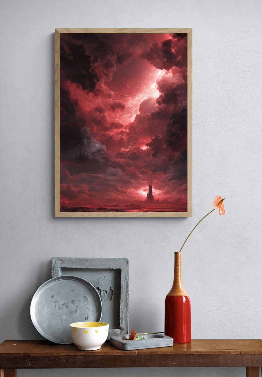 Crimson Storm Cityscape Poster. — room view 3