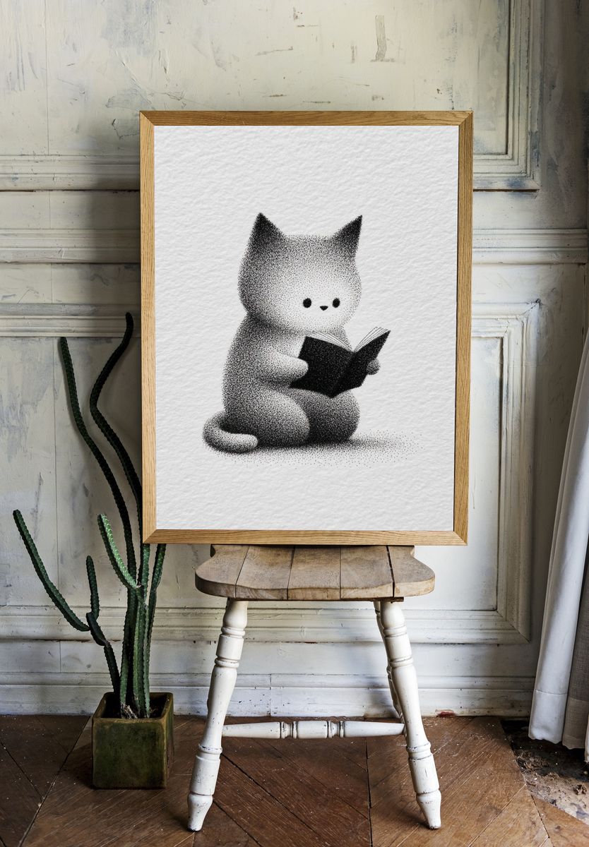 Reading Cat Ink Illustration Poster. — room view 1
