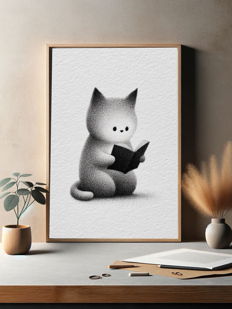 Reading Cat Ink Illustration Poster. — room view 2