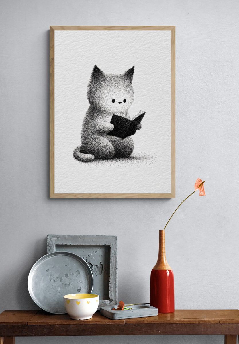 Reading Cat Ink Illustration Poster. — room view 3