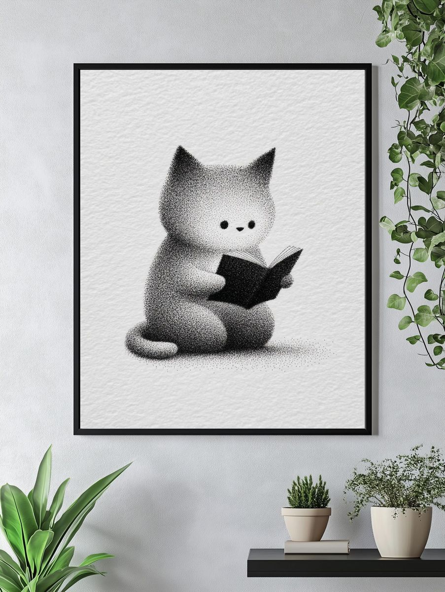 Reading Cat Ink Illustration Poster. — room view 4