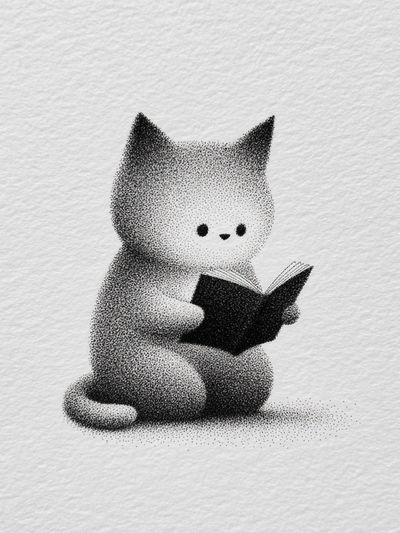 Reading Cat Ink Illustration Poster. poster print