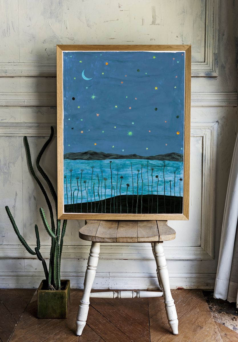 Starry Night Landscape Illustration Poster. — room view 1