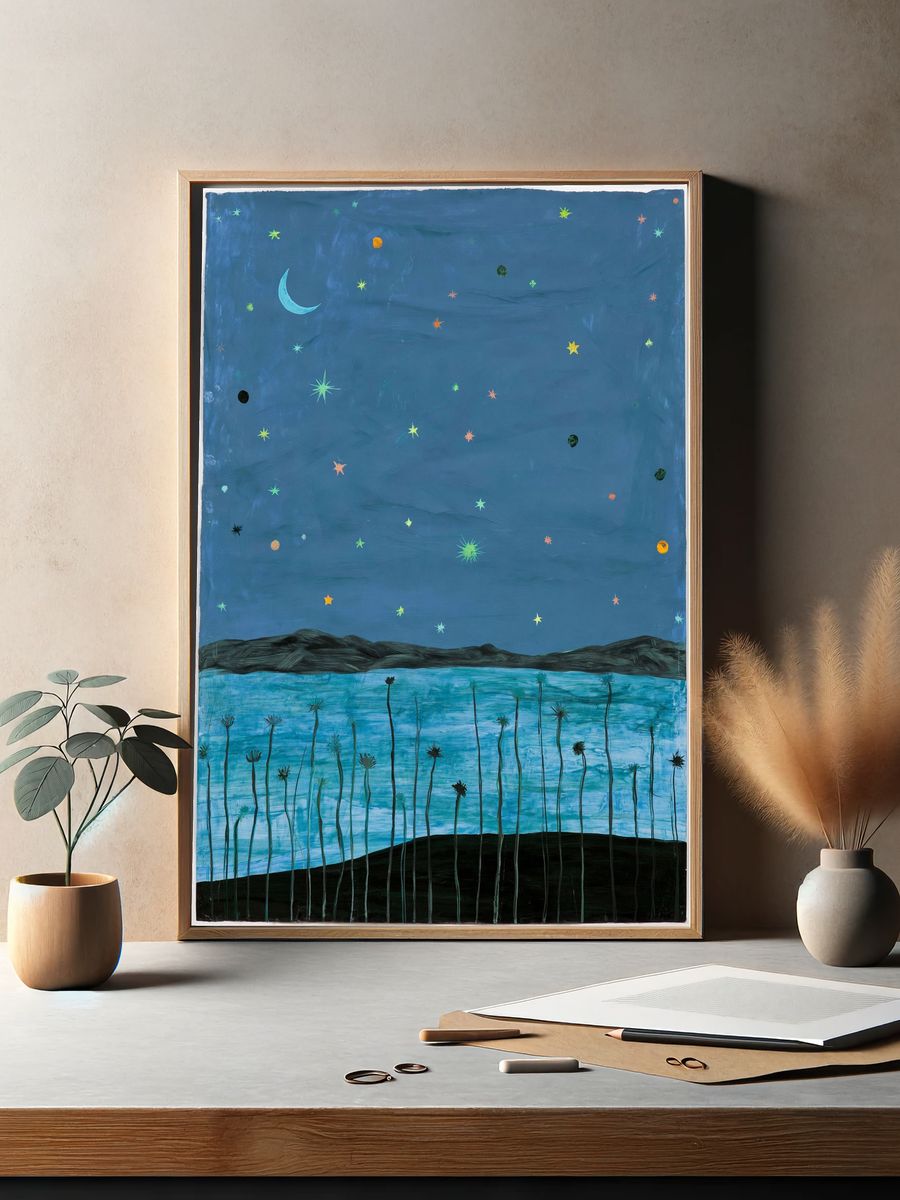 Starry Night Landscape Illustration Poster. — room view 2