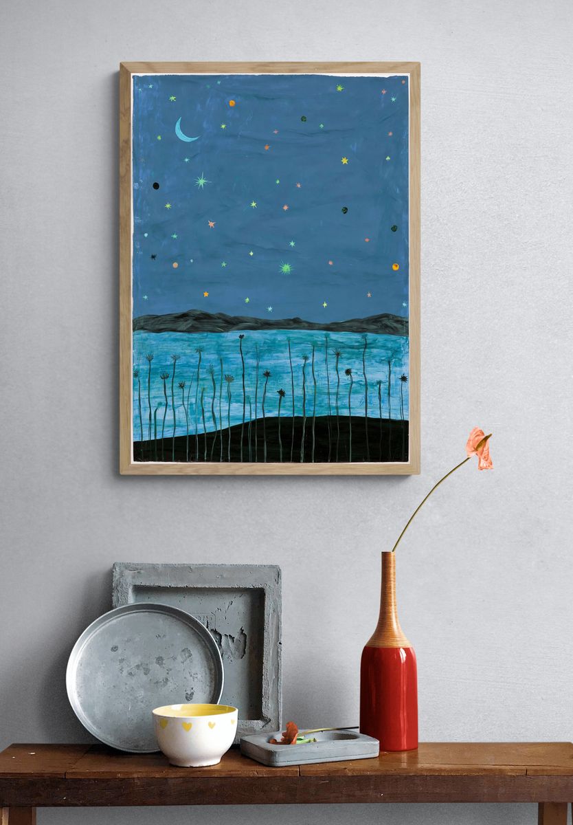 Starry Night Landscape Illustration Poster. — room view 3