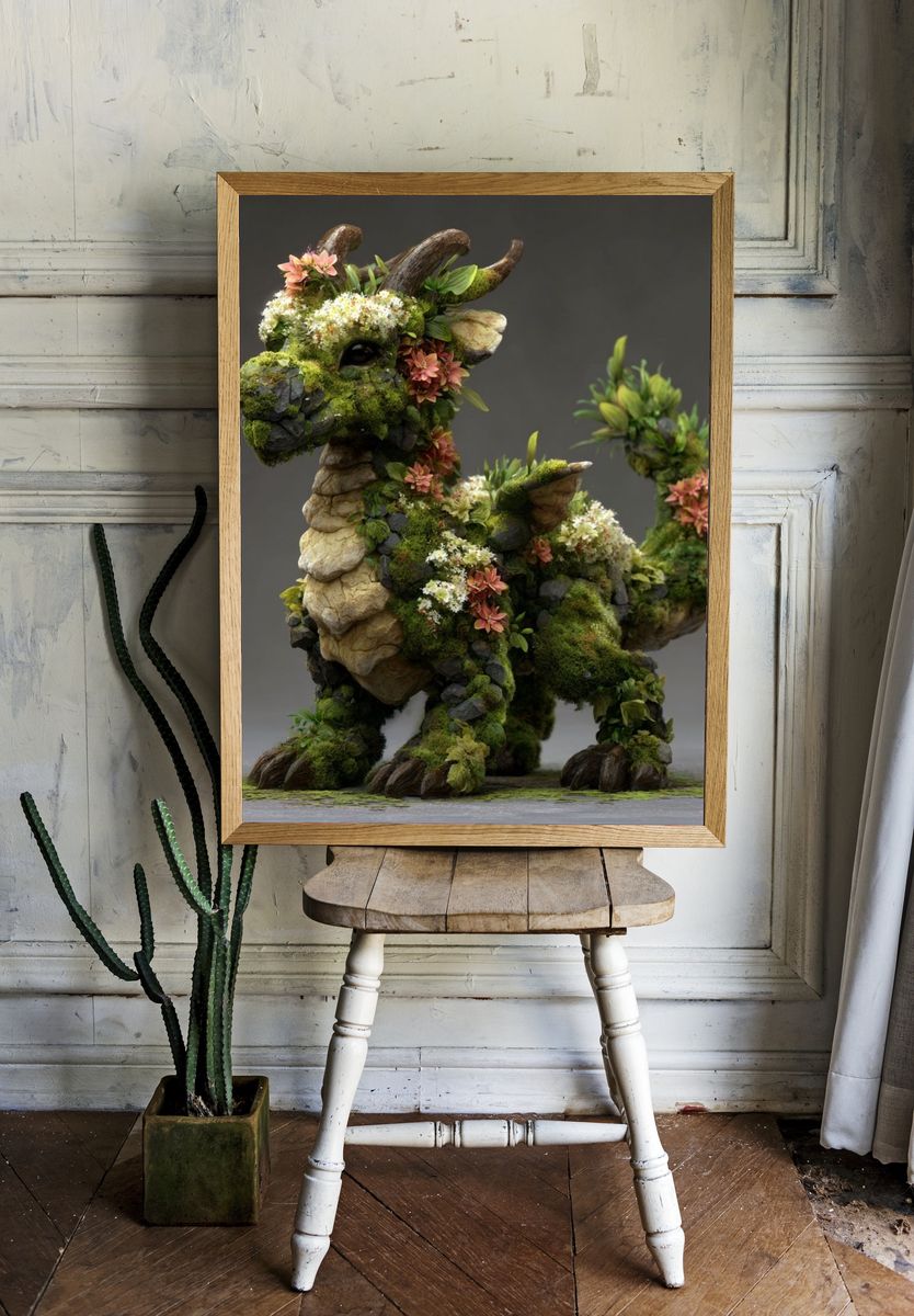 Floral Moss Dragon — Illustration Print. room preview