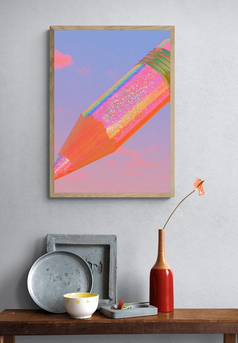 Rainbow Pencil Digital Art Print. — room view 3