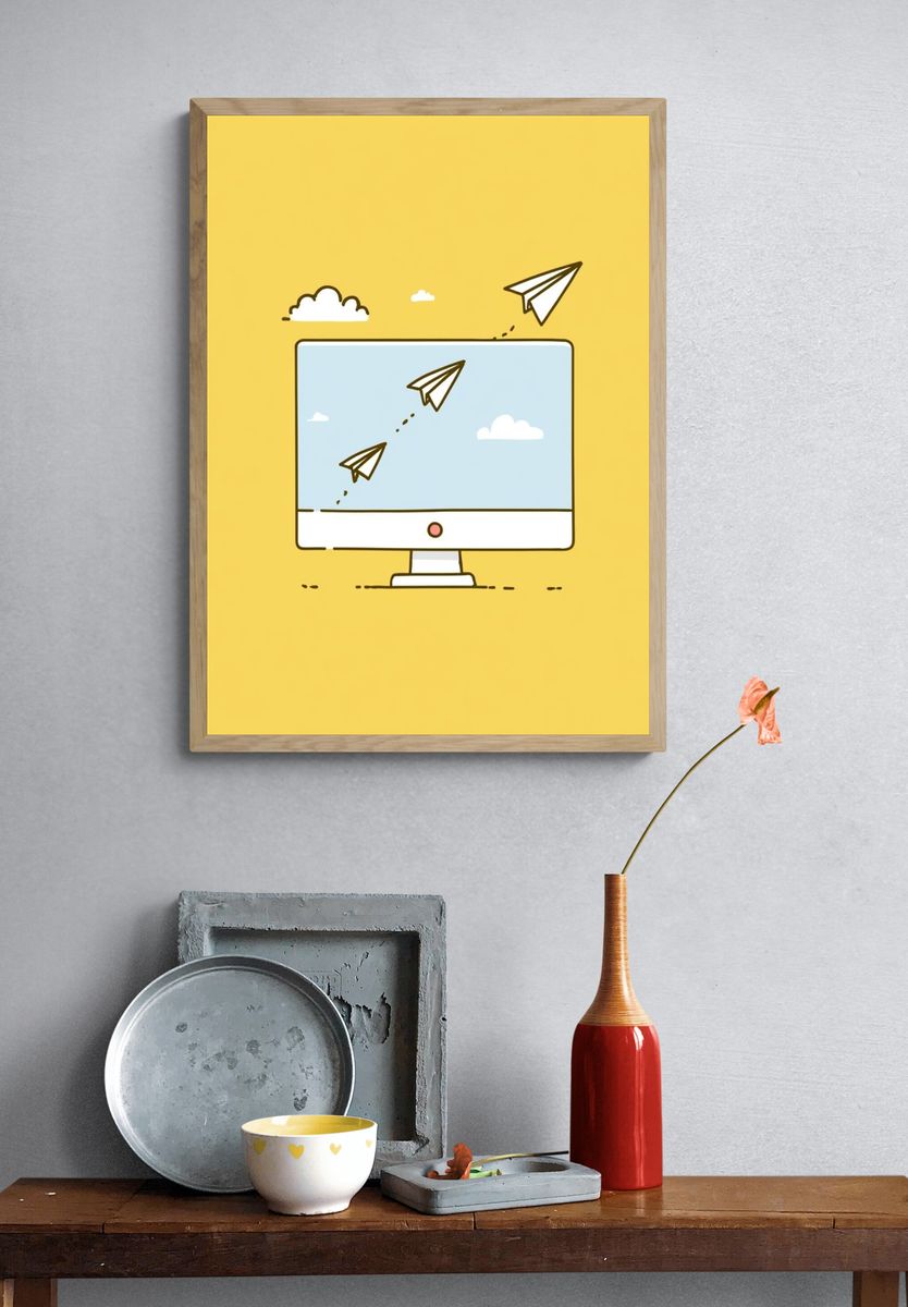 Paper Airplane Monitor Illustration Poster. — room view 3