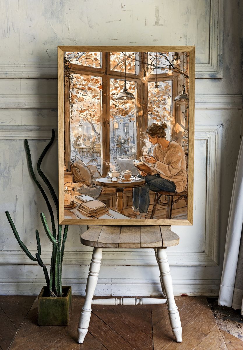 Cozy Café Reading Scene Illustration Poster. room preview