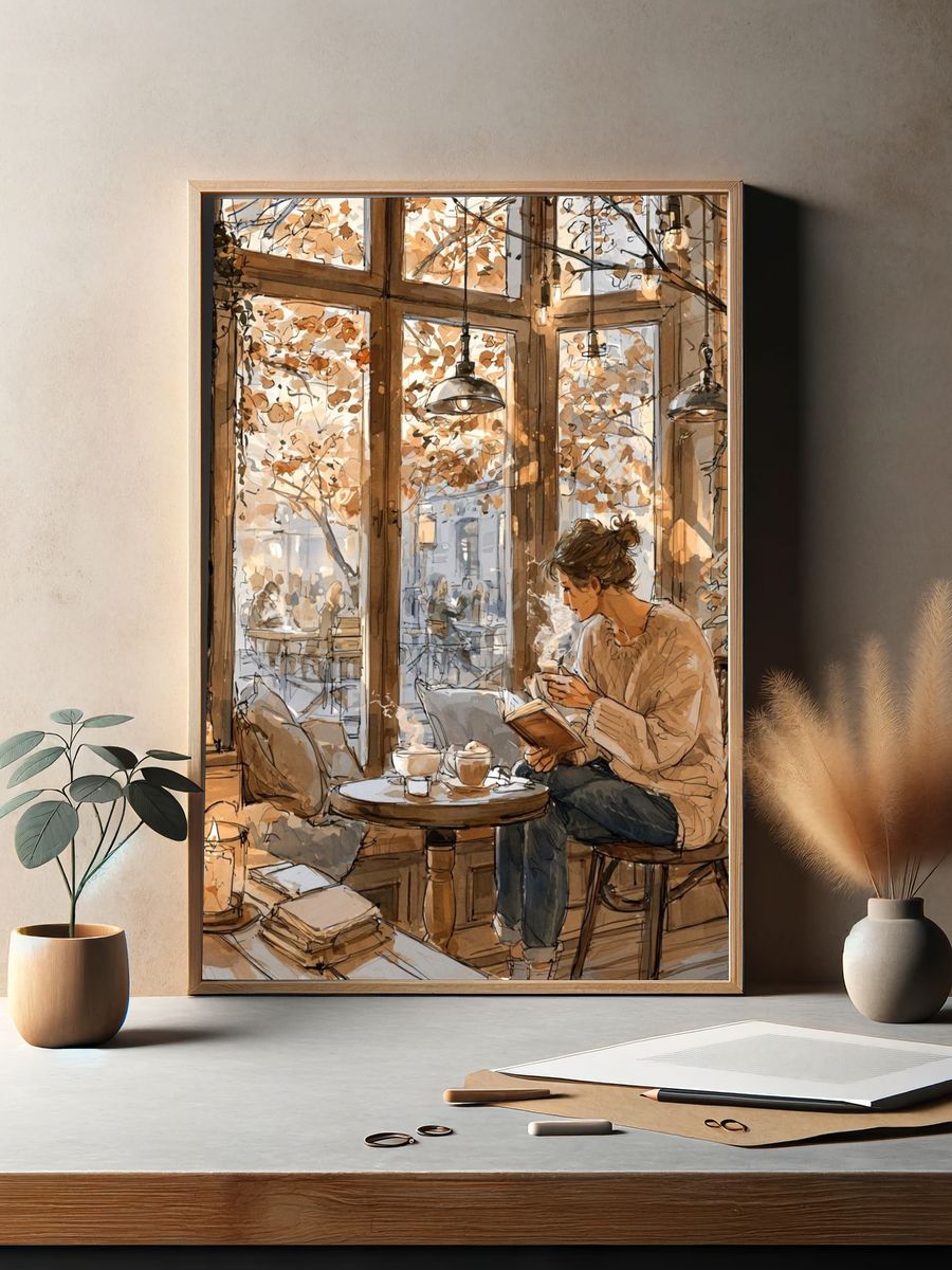 Cozy Café Reading Scene Illustration Poster. — room view 2