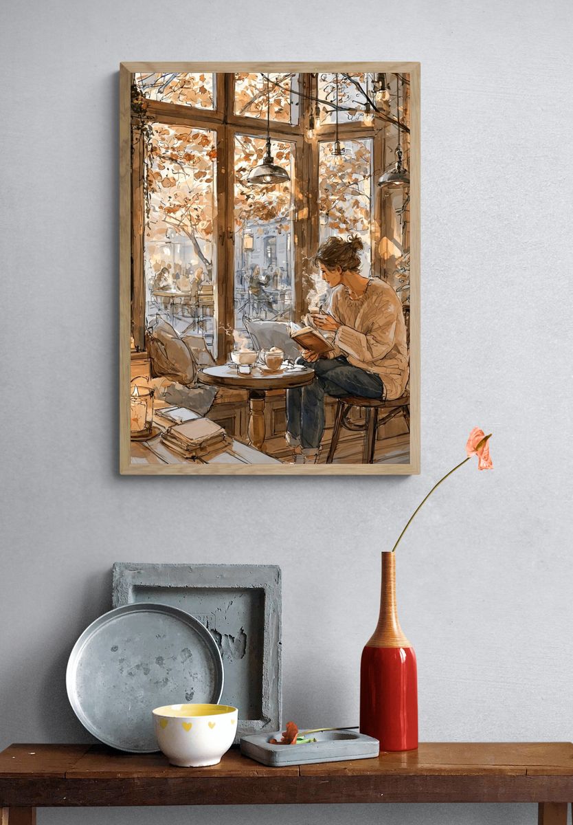 Cozy Café Reading Scene Illustration Poster. — room view 3