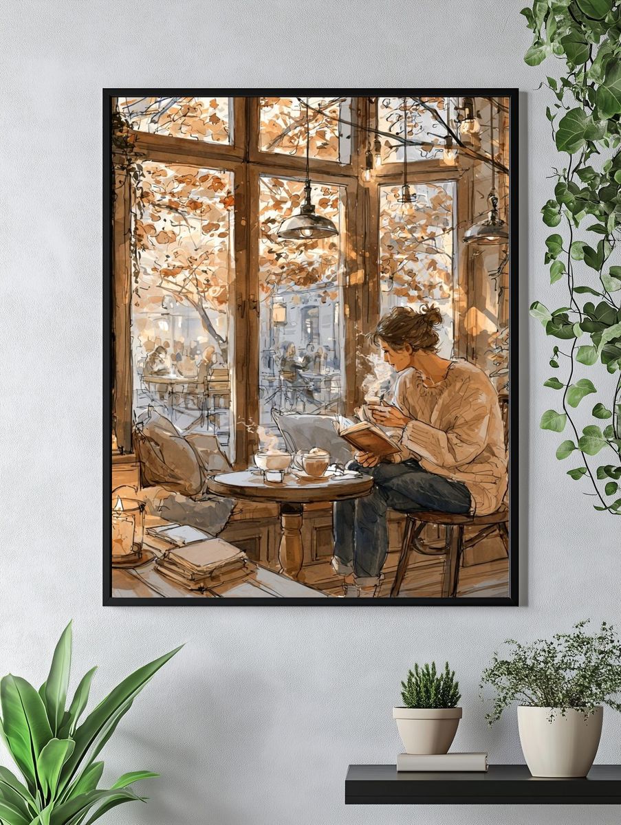 Cozy Café Reading Scene Illustration Poster. — room view 4