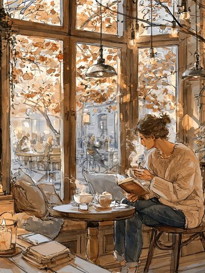 Cozy Café Reading Scene Illustration Poster. poster