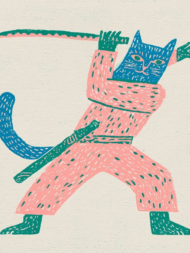 Playful Cat Warrior Illustration Poster. poster — illustration art