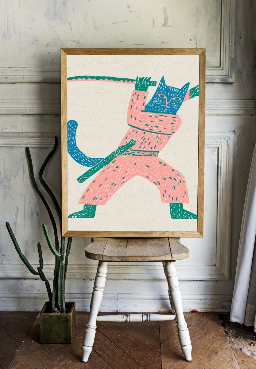 Playful Cat Warrior Illustration Poster. room preview