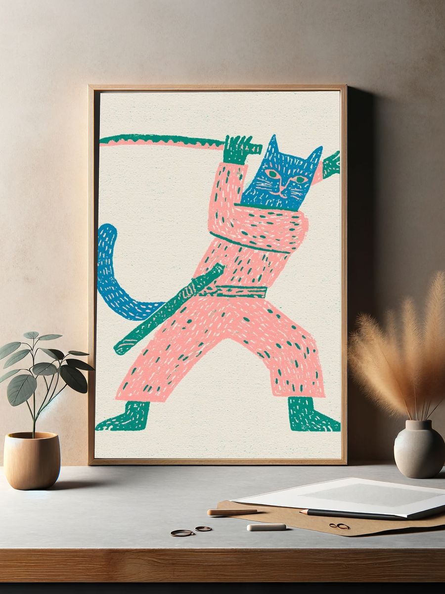 Playful Cat Warrior Illustration Poster. — room view 2