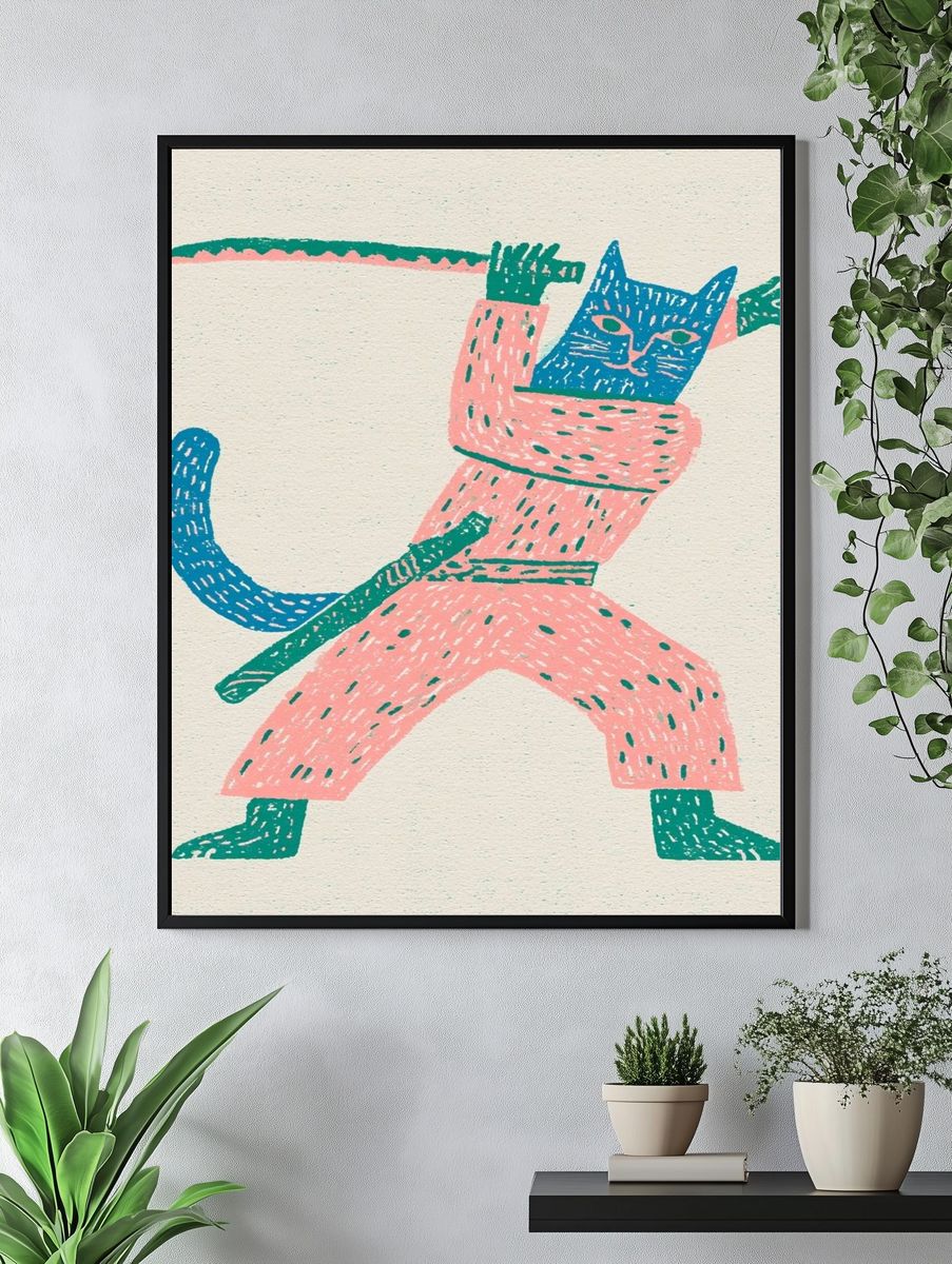 Playful Cat Warrior Illustration Poster. — room view 4
