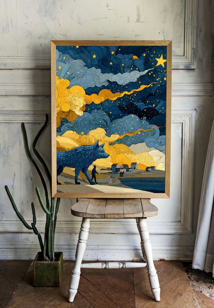 Wolf Under Starry Sky Print. — room view 1