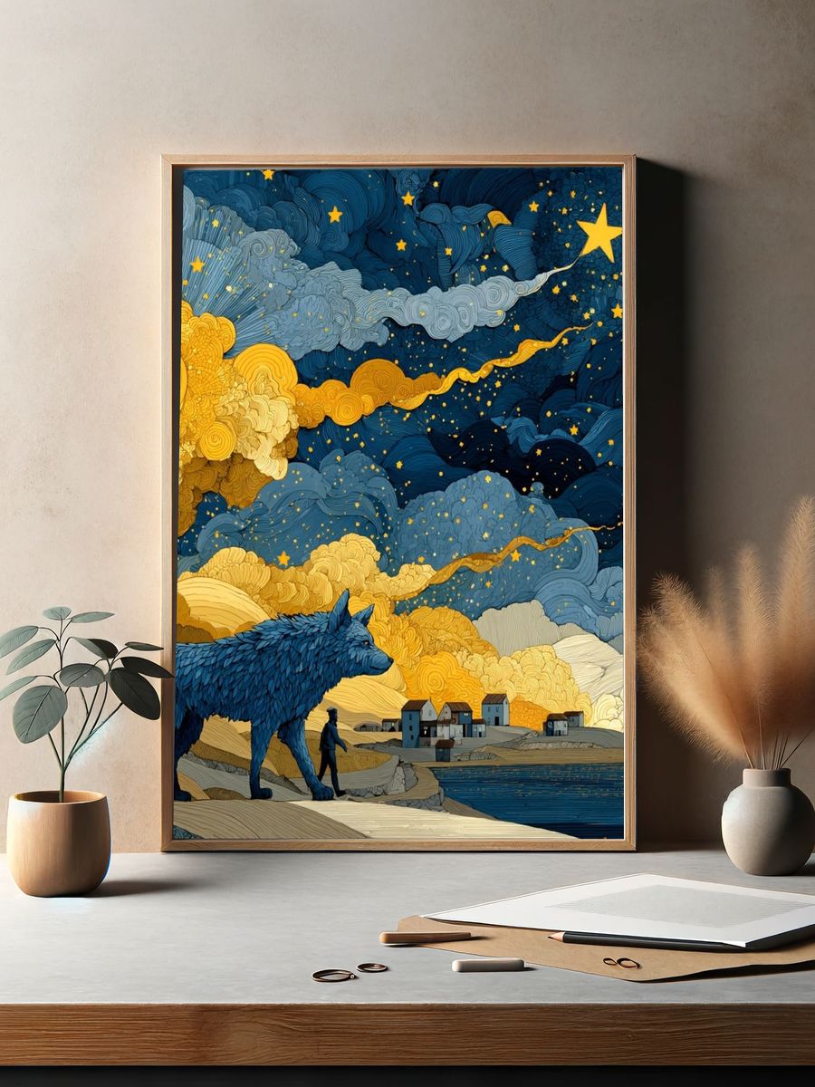 Wolf Under Starry Sky Print. — room view 2