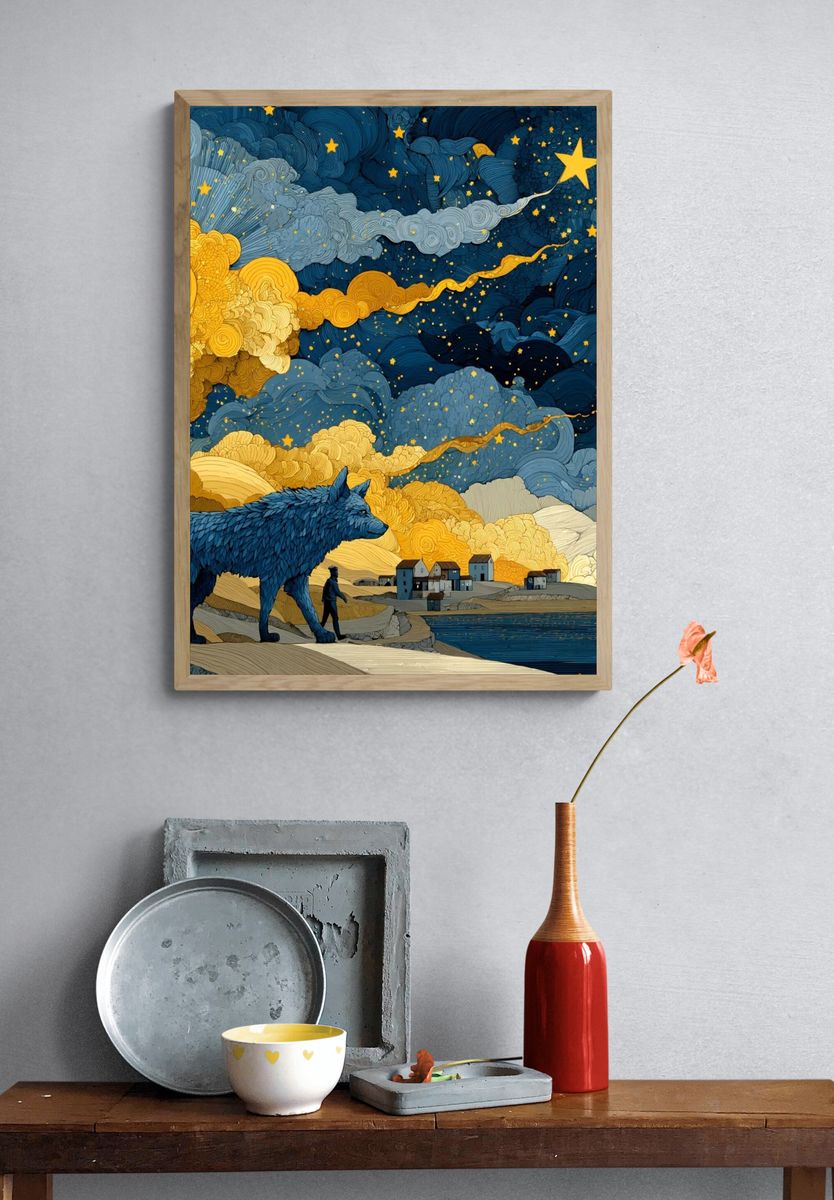 Wolf Under Starry Sky Print. — room view 3