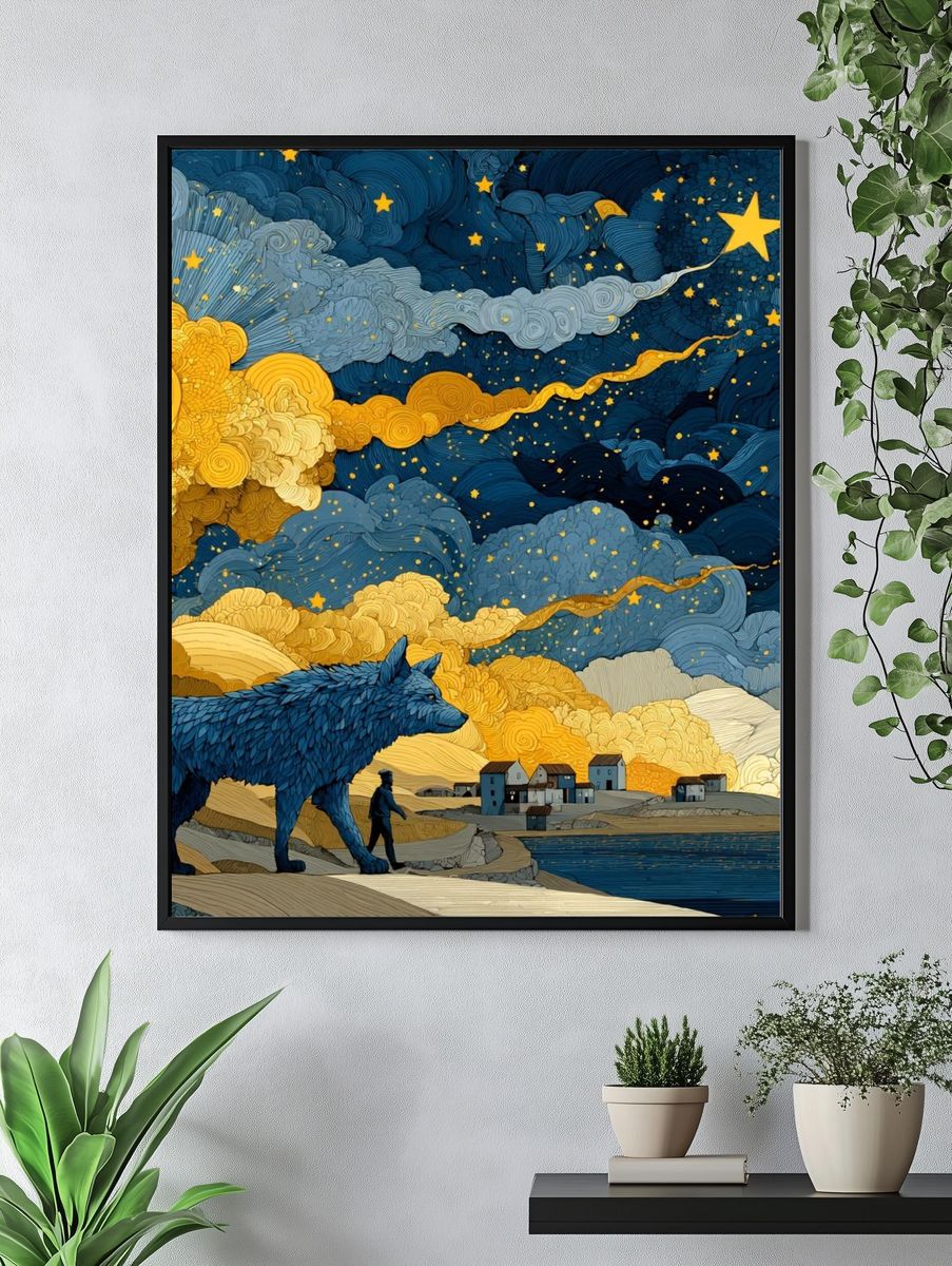 Wolf Under Starry Sky Print. — room view 4