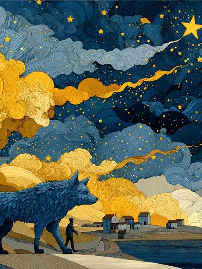 Wolf Under Starry Sky Print. poster print