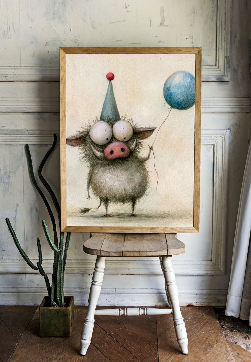 Whimsical Pig Balloon Illustration Poster. — room view 1