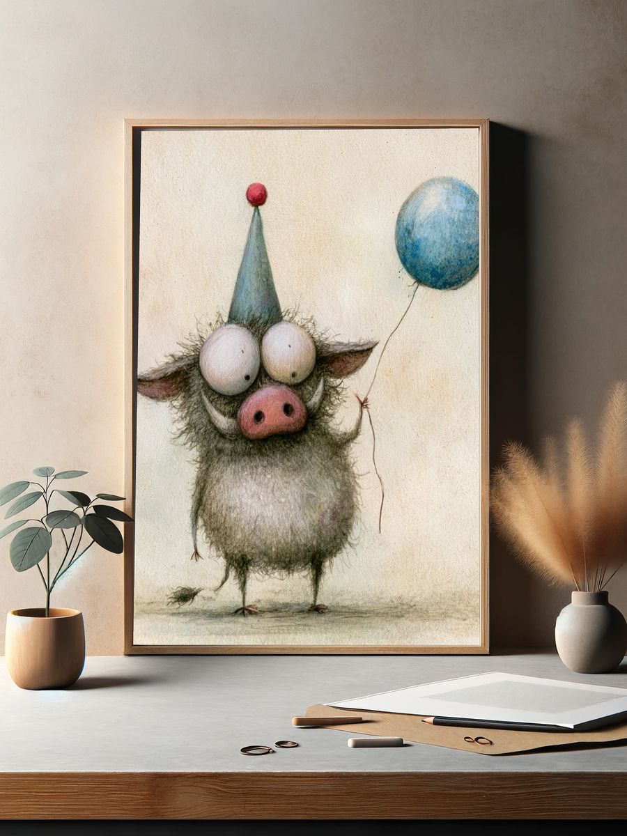 Whimsical Pig Balloon Illustration Poster. — room view 2
